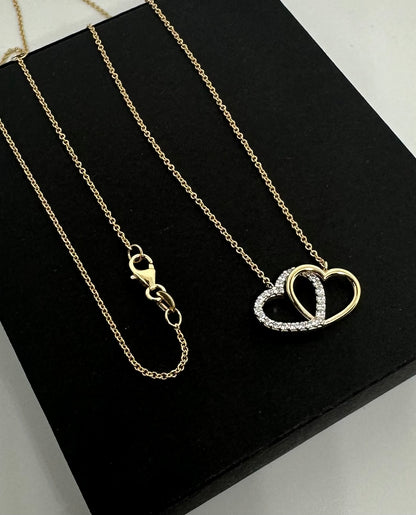 9ct Yellow Gold Zirconia Set Double Hearts Pendant on 18" Neck Chain (0596)