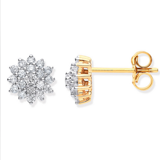 9ct Yellow Gold 0.50ct Diamond Cluster Stud Earrings (0013)