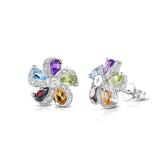 9ct White Gold Diamond & Multi Colour Flower Cluster Earrings (0095)