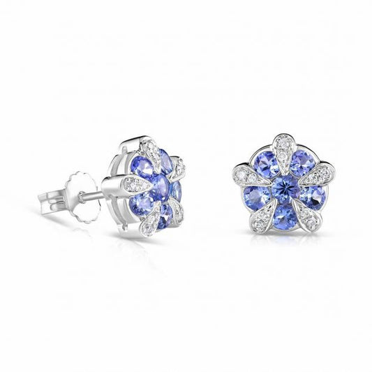9ct White Gold Tanzanite and Diamond Flower Cluster Earrings (0181)