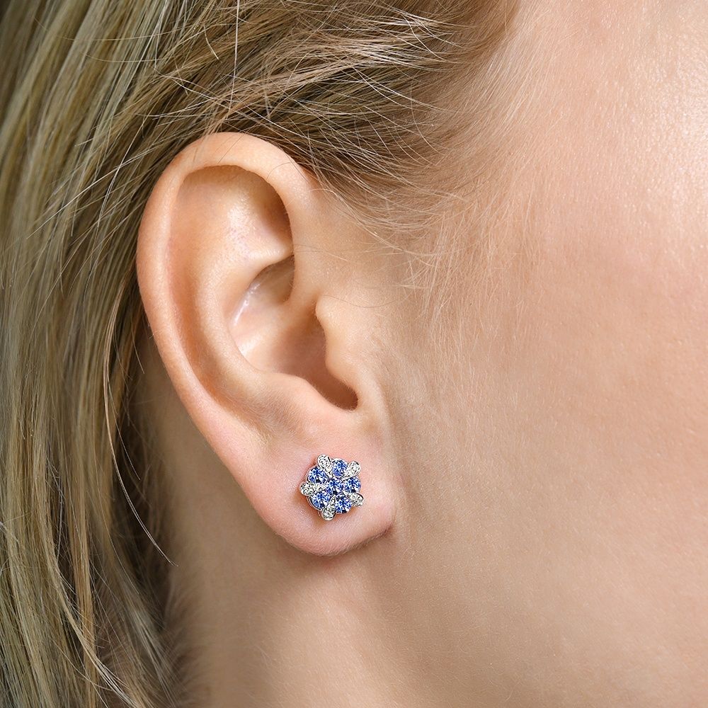 9ct White Gold Tanzanite and Diamond Flower Cluster Earrings (0181)
