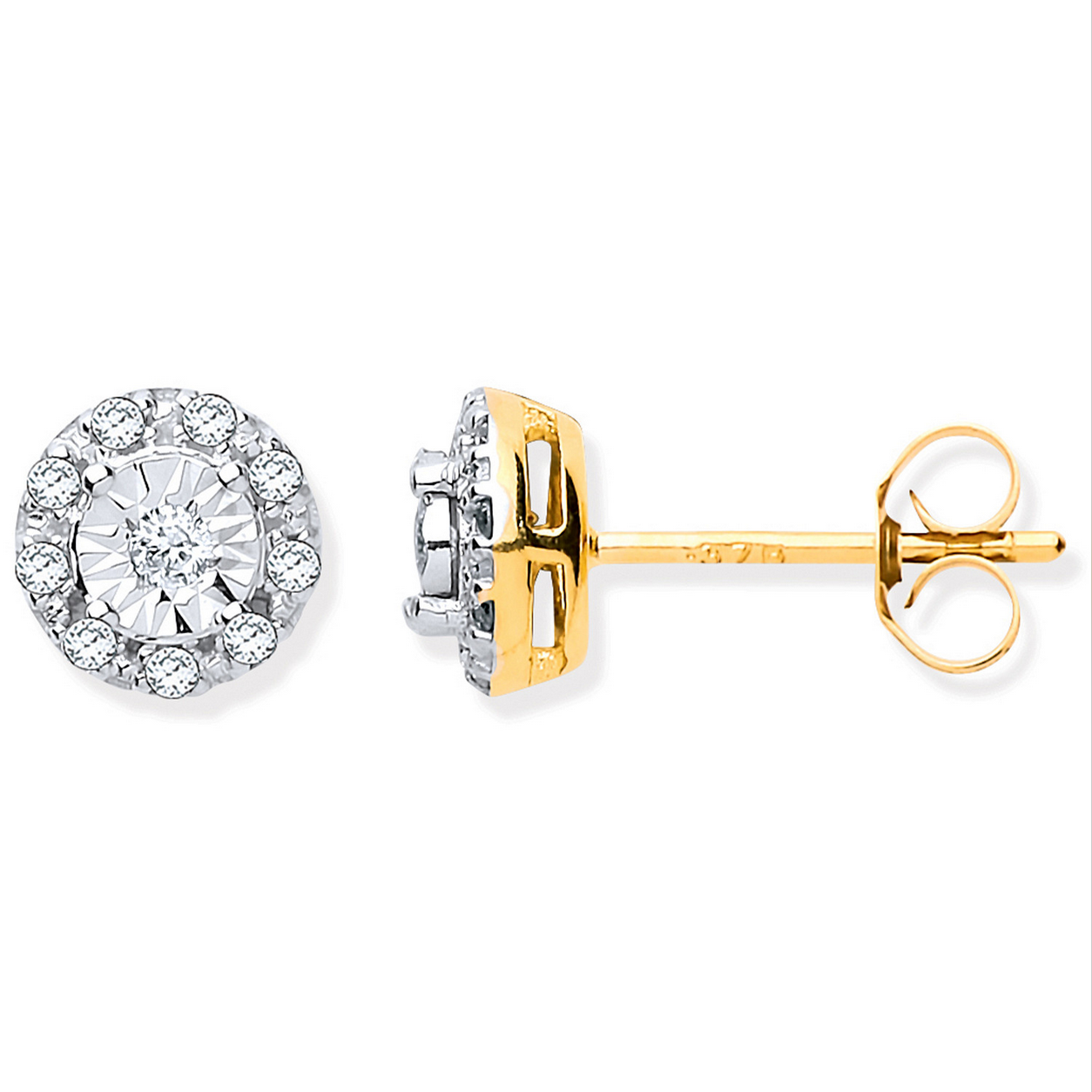 9ct Yellow Gold 0.13 carat Real Diamond Round Cluster Earrings (0215)