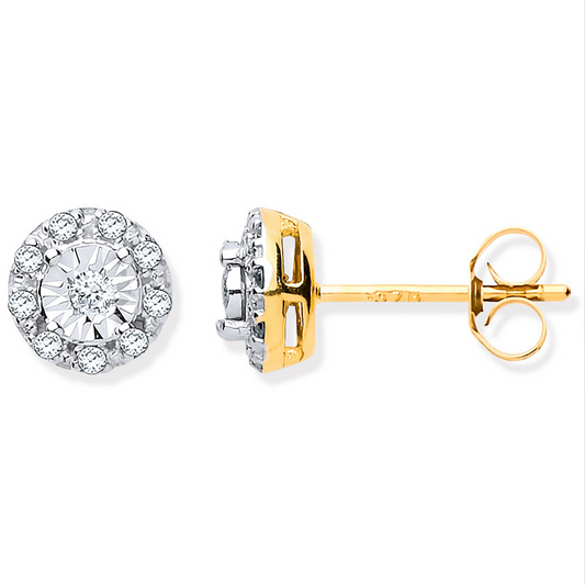 9ct Yellow Gold 0.13 carat Real Diamond Round Cluster Earrings (0215)