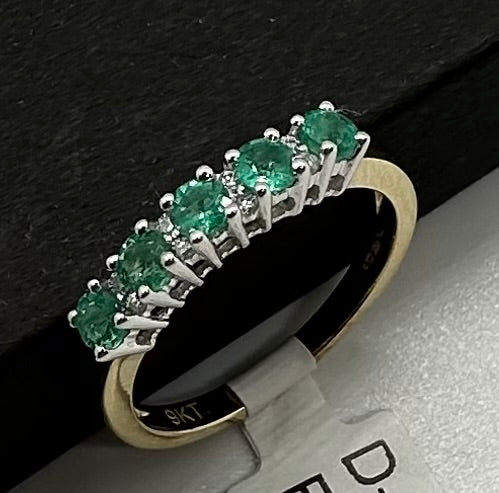 9ct Yellow Gold Emerald and Diamond Eternity Band Ring, Sizes J to T (0034)