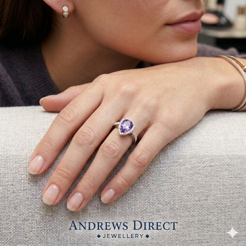 9ct White Gold Amethyst and Diamond Pear shaped Cluster Ring (0549)