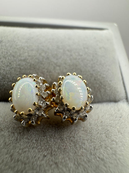 9ct Yellow Gold Natural Opal and Diamond Cluster Stud Earrings (293O)
