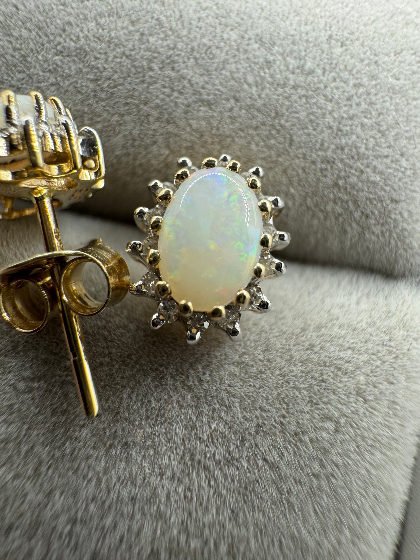 9ct Yellow Gold Natural Opal and Diamond Cluster Stud Earrings (293O)