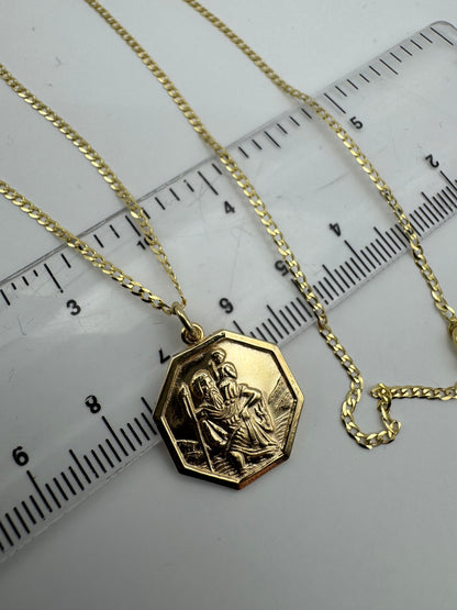 9ct Yellow Gold Solid St Christopher Pendant Necklace 18 Inch