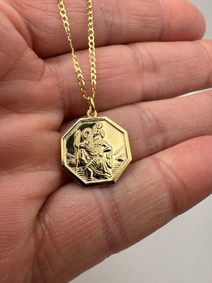 9ct Yellow Gold Solid St Christopher Pendant Necklace 18 Inch