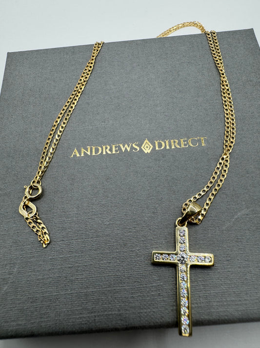 9ct Yellow Gold Cross Pendant and Diamond Cut Curb Chain (149076)