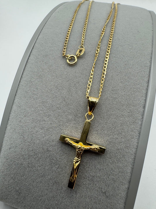 9ct Yellow Gold Cross Crucifix Pendant on Gold 20" Diamond Cut Chain (155.076A)