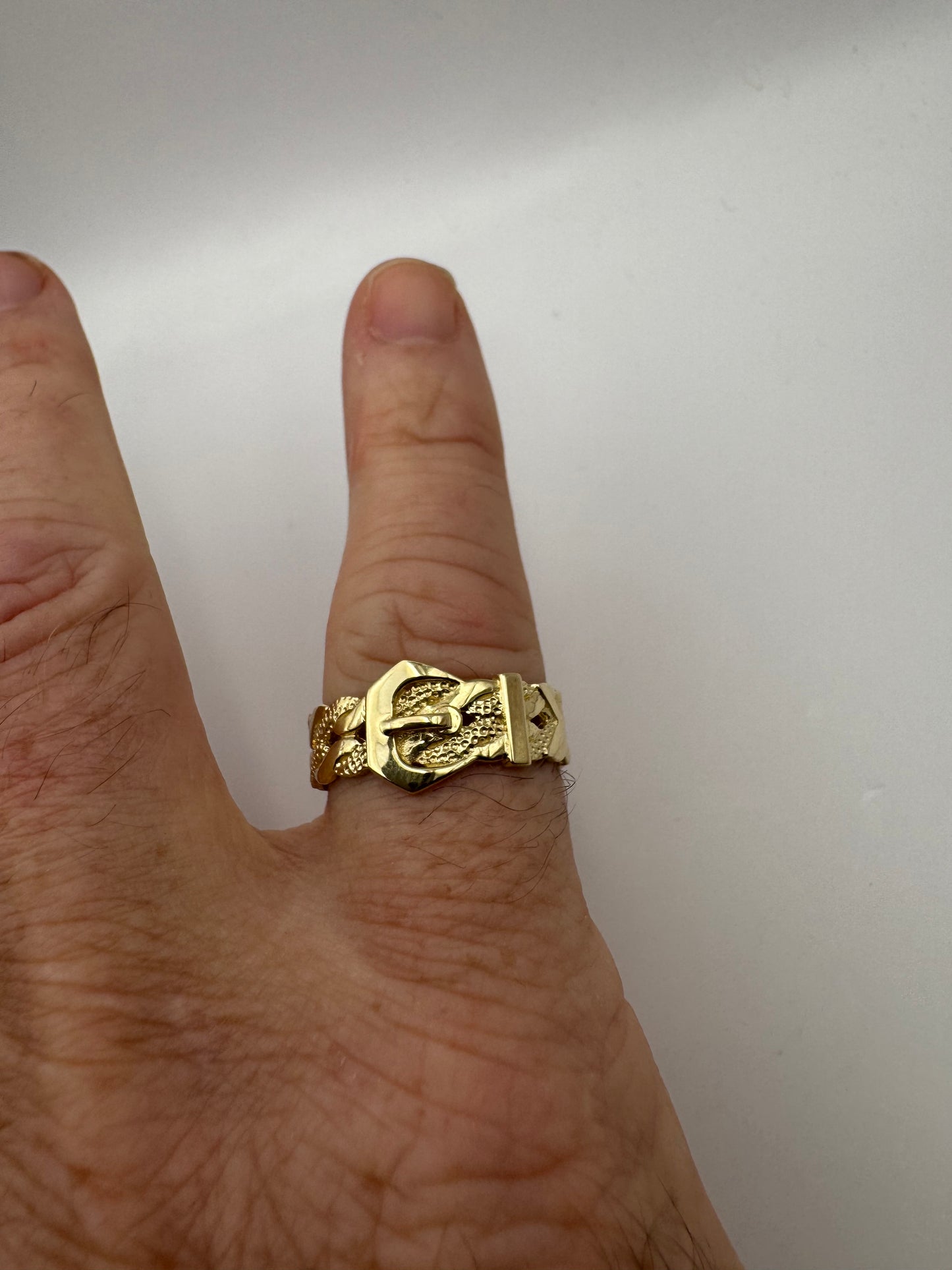 9ct Solid Yellow Gold Fancy Buckle Ring 10mm Width, Sizes L to T (017)