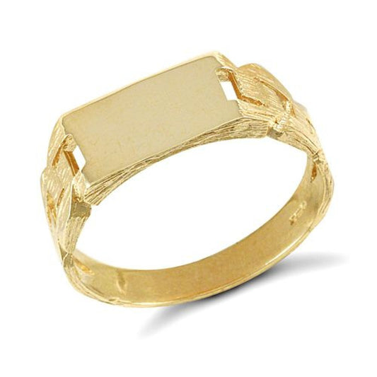 9ct Yellow Gold Curb Design Shoulders Plain Rectagonal Ring, Size J to Z (RN153)