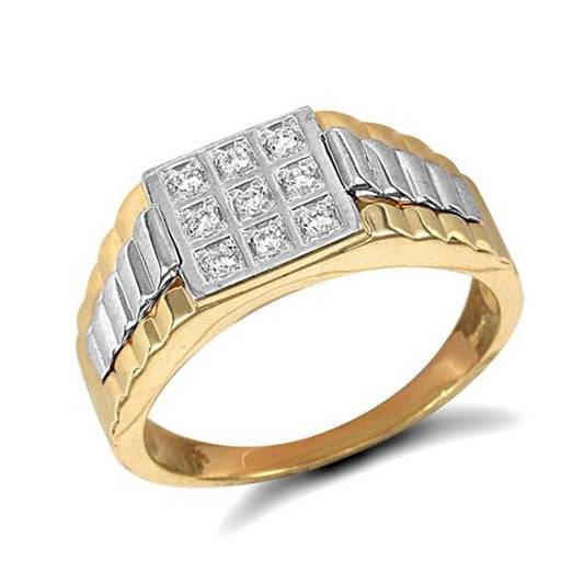 9ct Yellow and White Gold Mens Cluster Watchband Style Ring, Size R to Z (204)