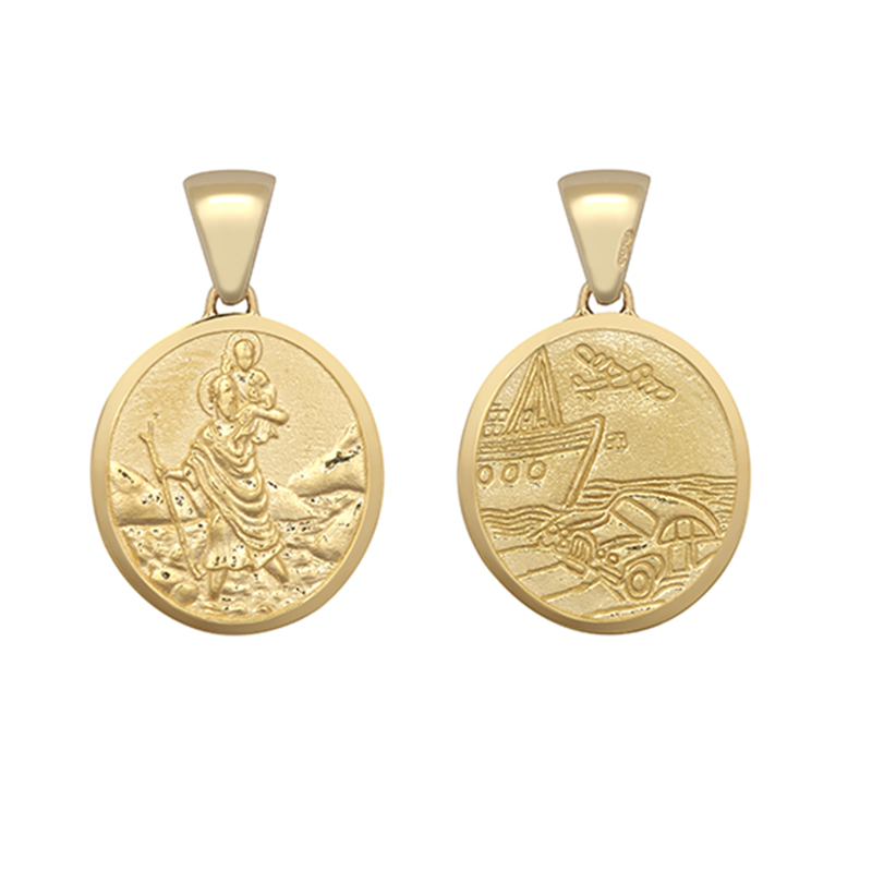 9ct Yellow Gold 19x16mm Solid St Christopher Air, Sea, & Land Pendant (0066)