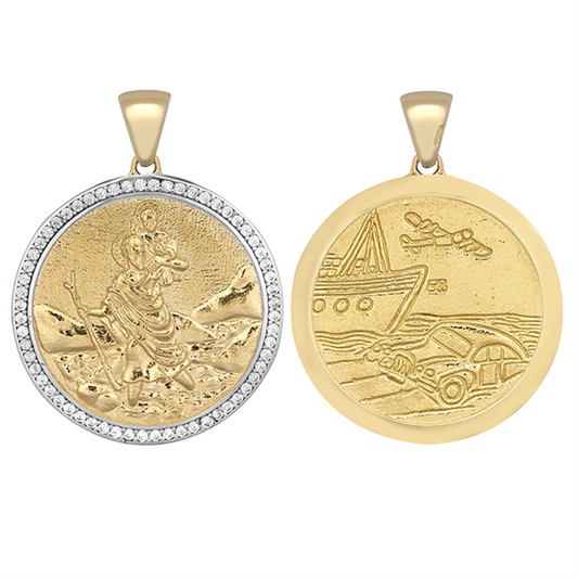 9ct Yellow Gold 33x25mm Cubic Zirconia Set St Christopher Round Pendant (0097)