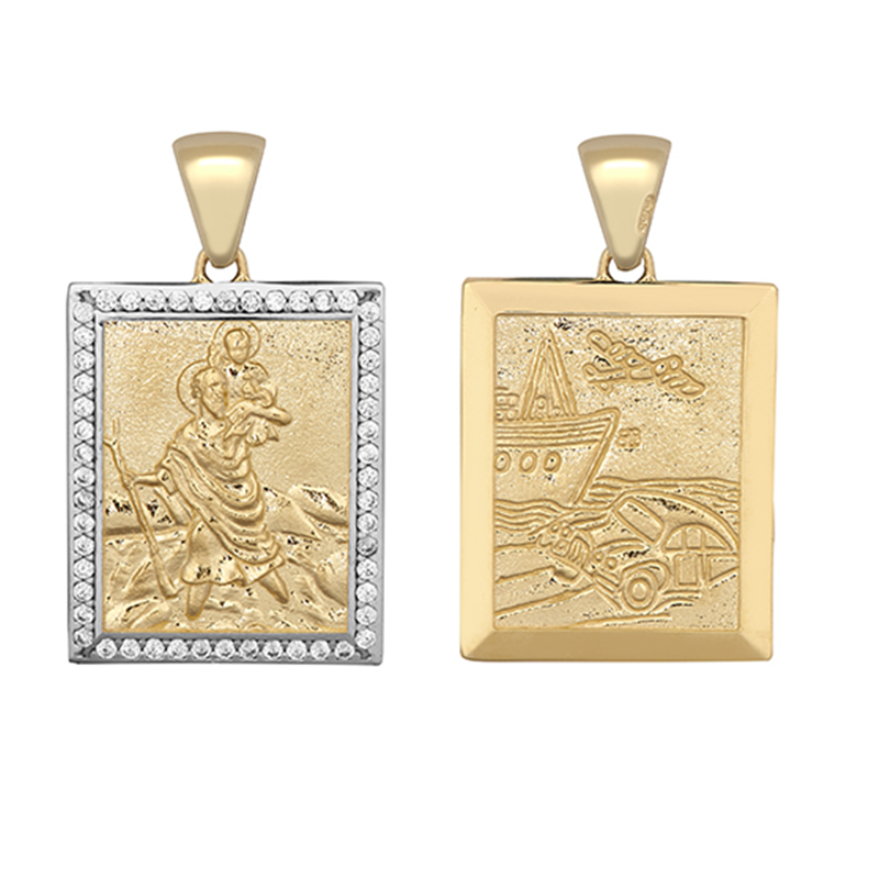 9ct Yellow Gold Rectangular Zirconia St Christopher Double Side Pendant (0098)