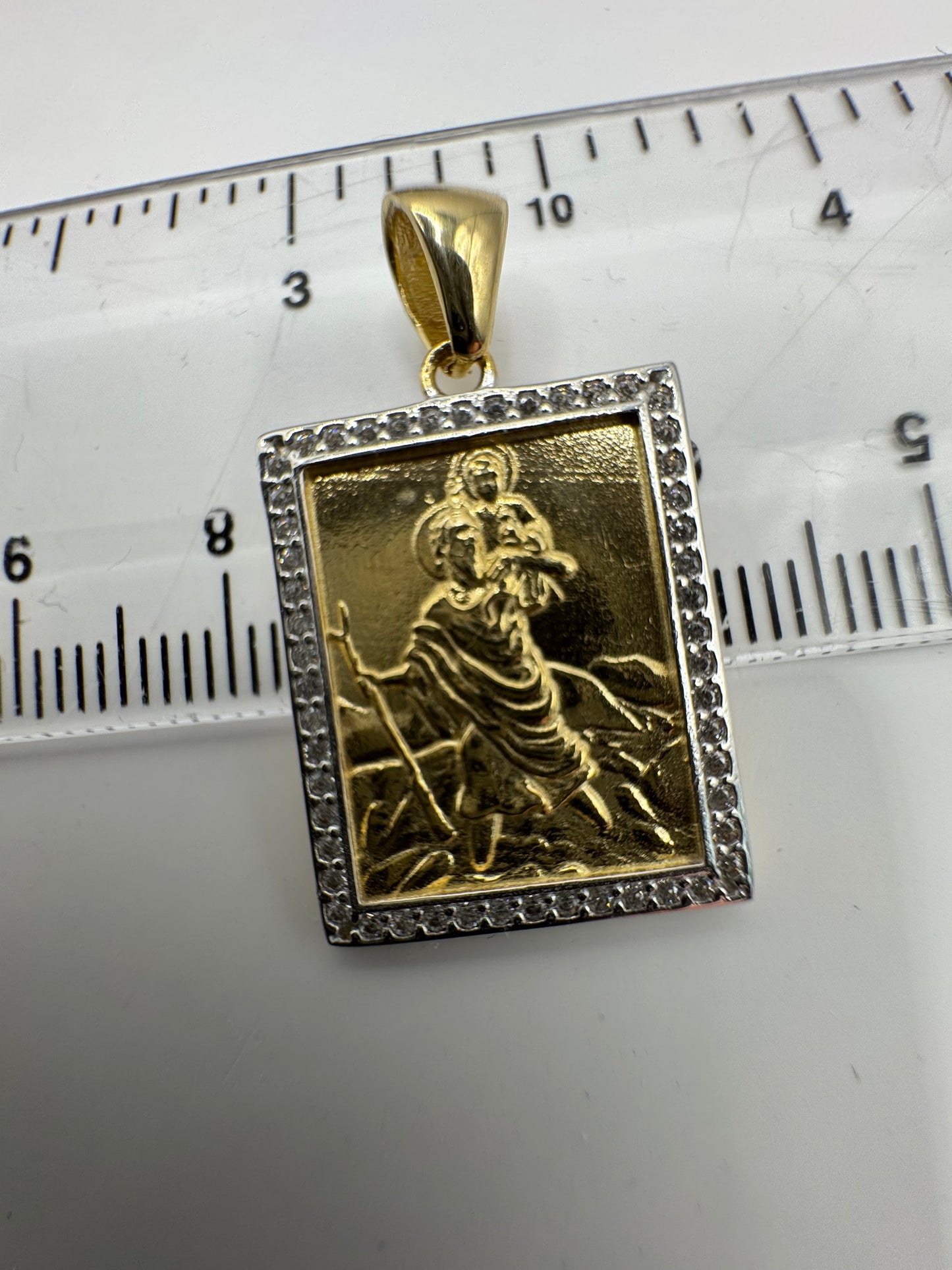 9ct Yellow Gold Rectangular Zirconia St Christopher Double Side Pendant (0098)
