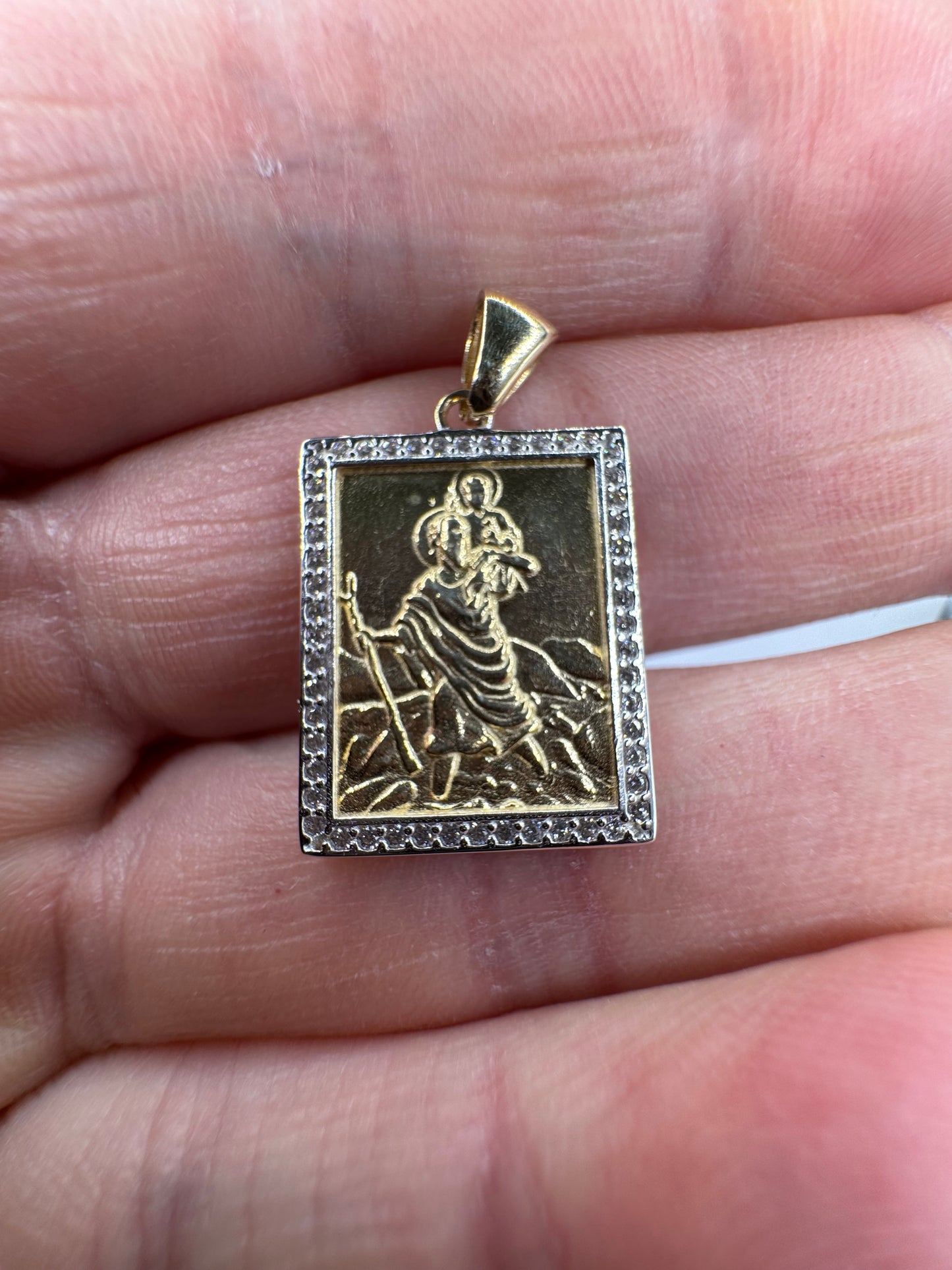 9ct Yellow Gold Rectangular Zirconia St Christopher Double Side Pendant (0098)