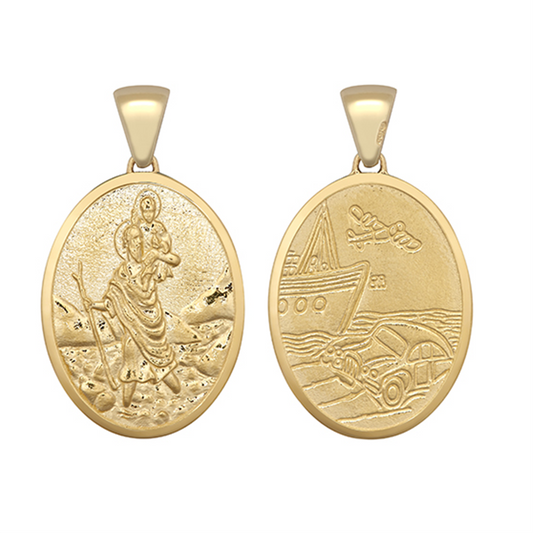 9ct Yellow Gold 24x20mm Solid St Christopher Air, Sea, & Land Pendant (0099)