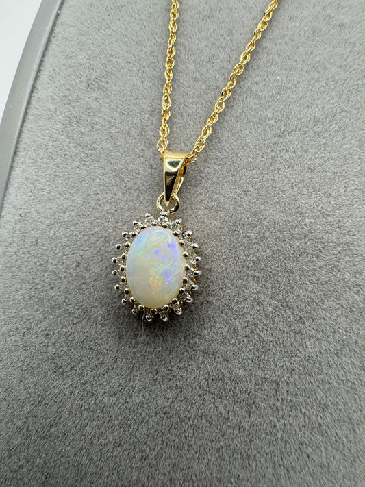 9ct Yellow Gold Real Opal Diamond Cluster Pendant on 18" Chain (266OAA)
