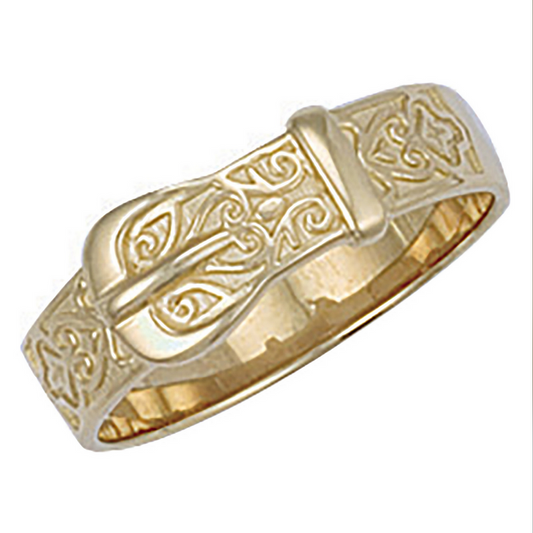 9ct Yellow Gold Solid Patterned Buckle Ring 8mm Width, Sizes M to Z (0077)