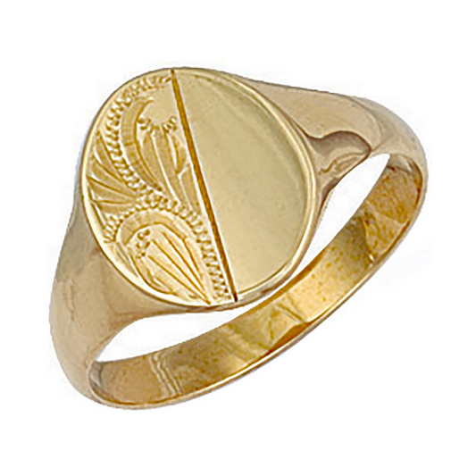9ct Yellow Gold Oval Half Engraved Signet Ring, Sizes J to Z (0118)