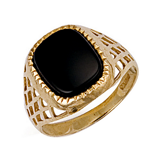 9ct Yellow Gold Mens Black Onyx Signet Ring, Sizes M to Y (0163)