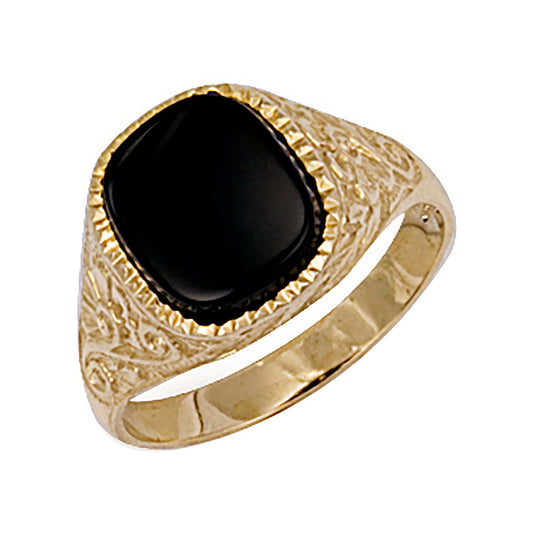 9ct Yellow Gold Black Onyx Engraved Signet Ring, Sizes R to Z1 (0171)