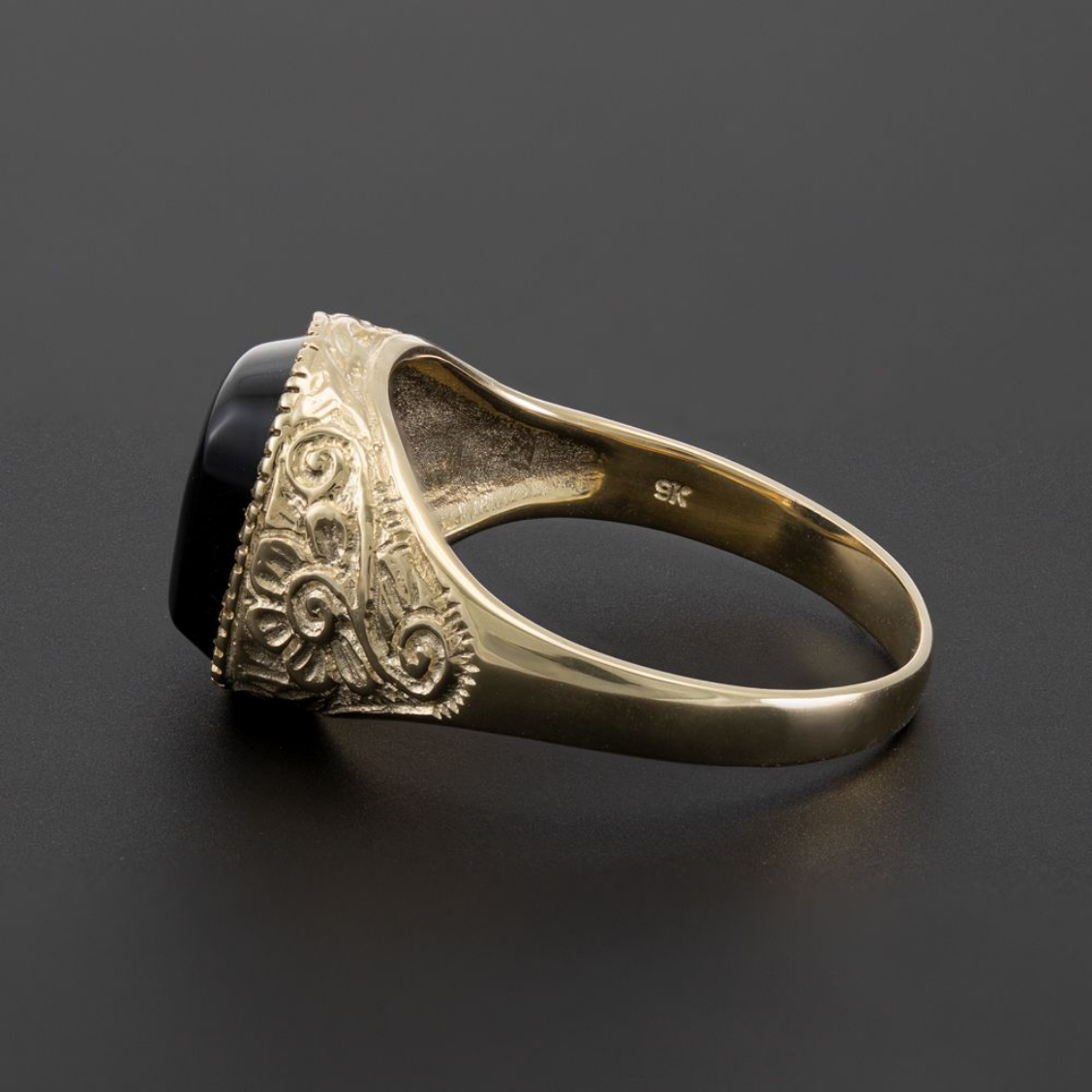 9ct Yellow Gold Black Onyx Engraved Signet Ring, Sizes R to Z1 (0171)