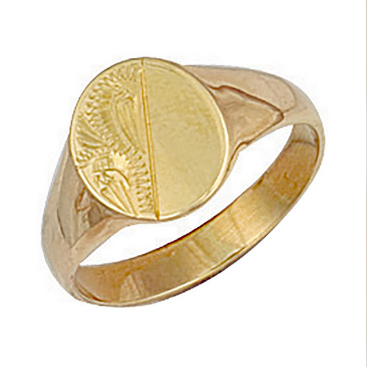 9ct Yellow Gold Oval Half Engraved Signet Ring, Sizes J to Q (0230)