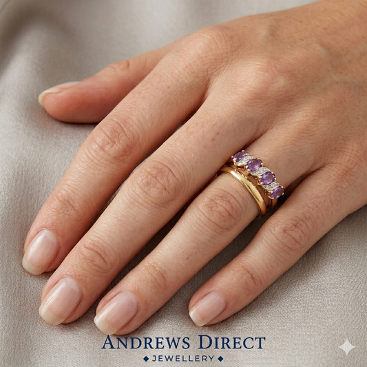 9ct Yellow Gold Amethyst and Diamond Eternity Ring, Ring Sizes J to Q (221)
