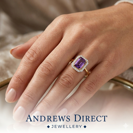 9ct Yellow Gold Amethyst and Diamond Cluster Ring, Sizes J to Q (446)