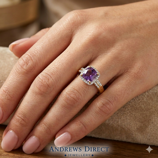 9ct Yellow Gold Real Diamond and Amethyst Cluster Ring, Sizes J to Q (450)