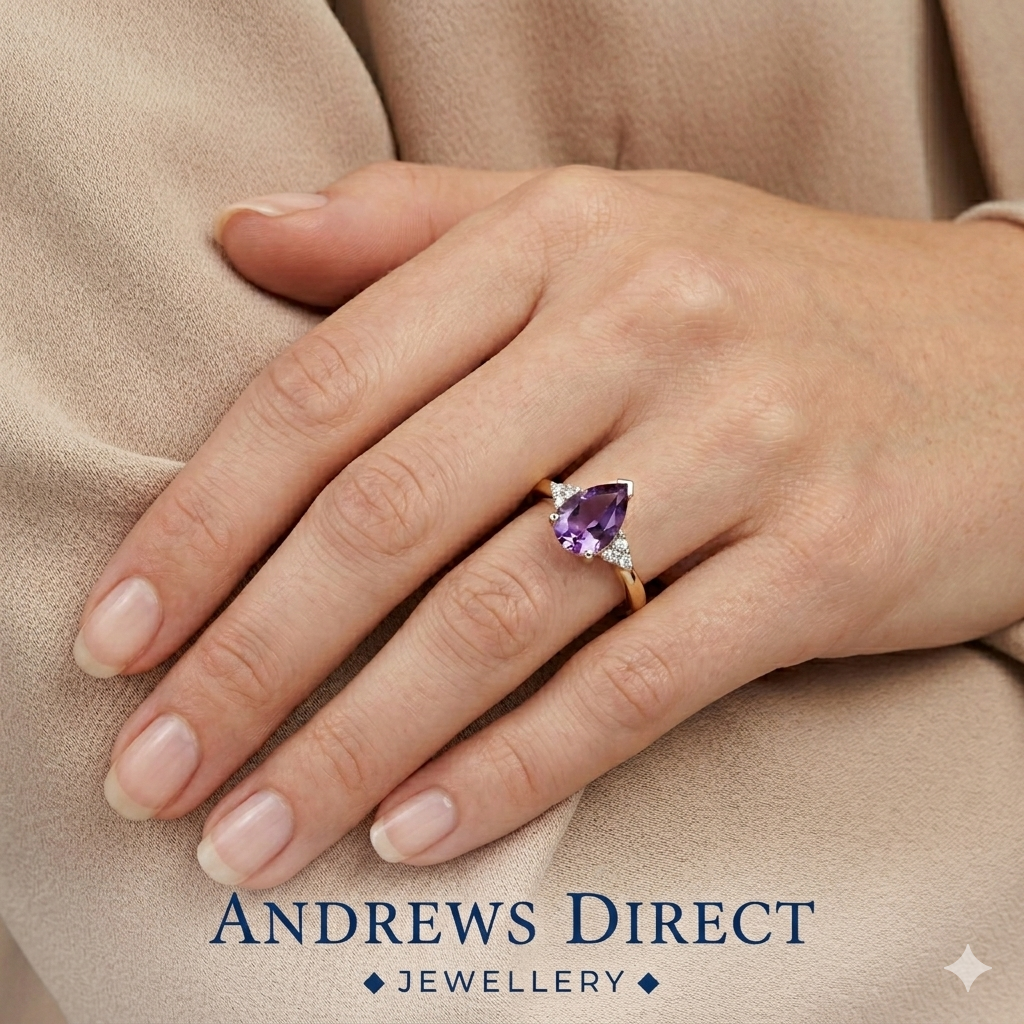 9ct Yellow Gold Pear Cut Amethyst and Diamond Ring, Sizes J to Q (451)