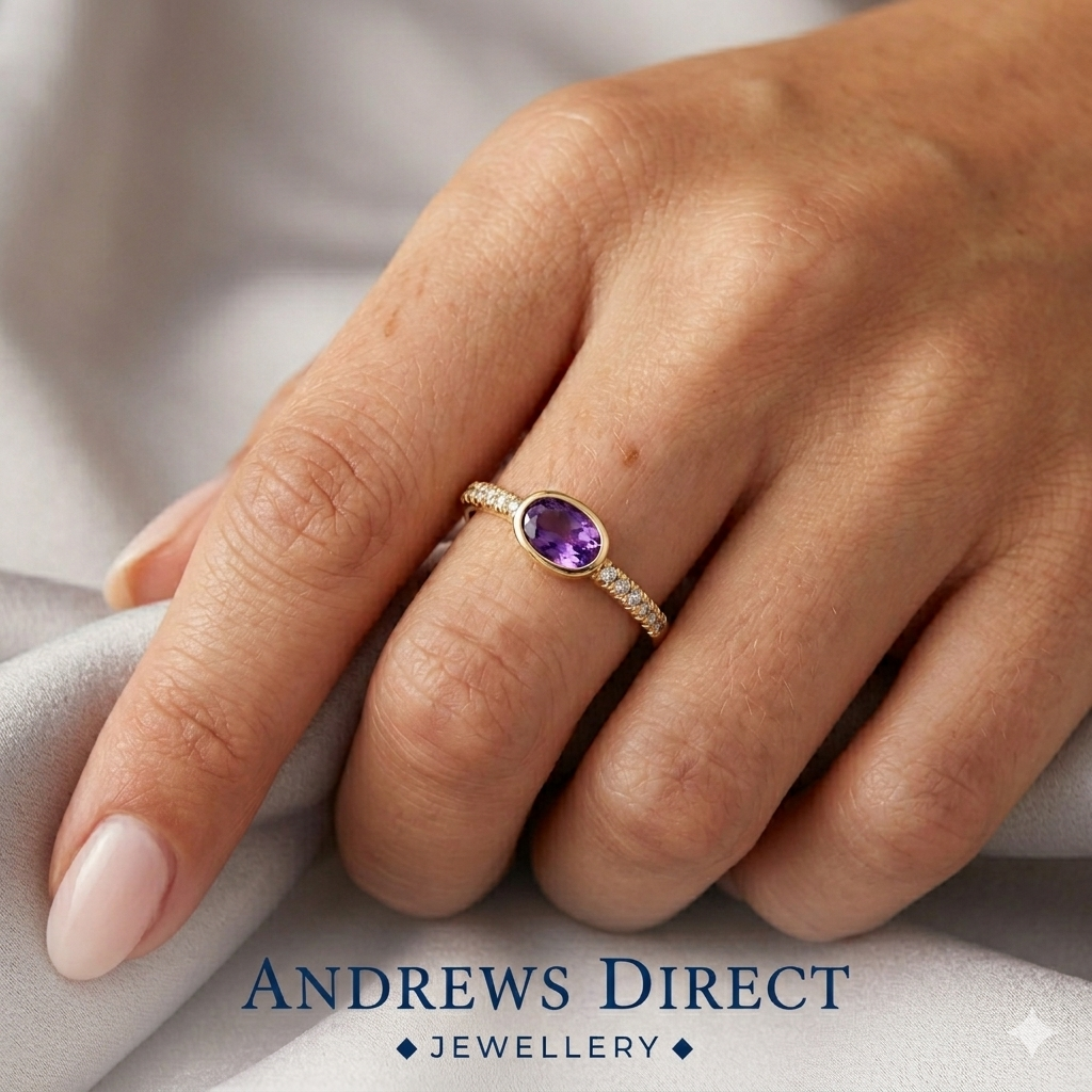 9ct Yellow Gold Natural Amethyst and Diamond Ring, Sizes J to Q (490)