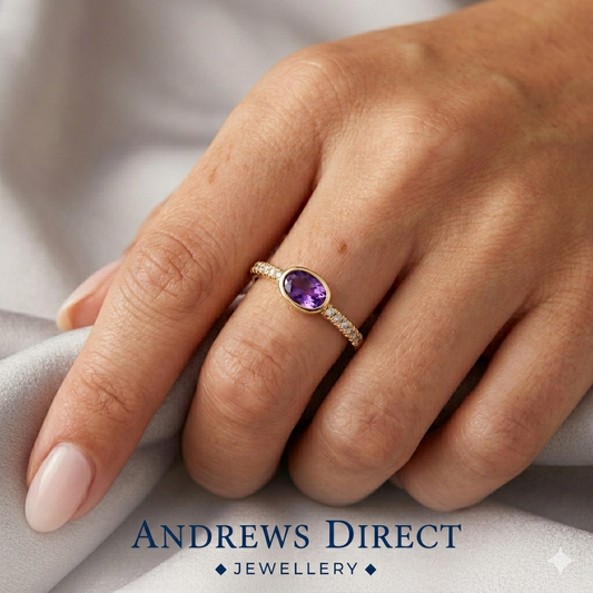 9ct Yellow Gold Natural Amethyst and Diamond Ring, Sizes J to Q (490)
