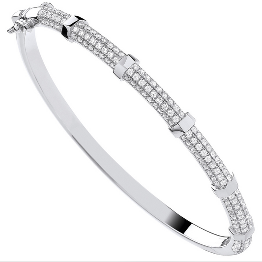Sterling Silver Round Zirconias Set Hex Nut Detail Ladies Bangle (0180)