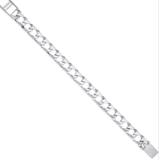 Sterling Silver Patterned and Ribbed Edge Curb 8.5 Inch Bracelet Chain (0363)