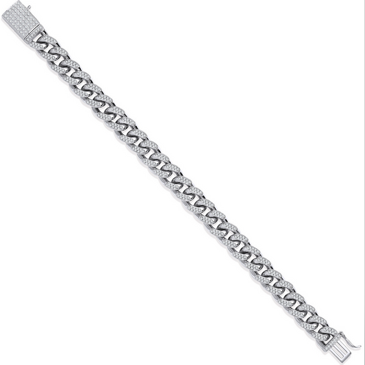 Sterling Silver Cubic Zirconia Set Chunky Curb 8.5 Inch Bracelet (0366)
