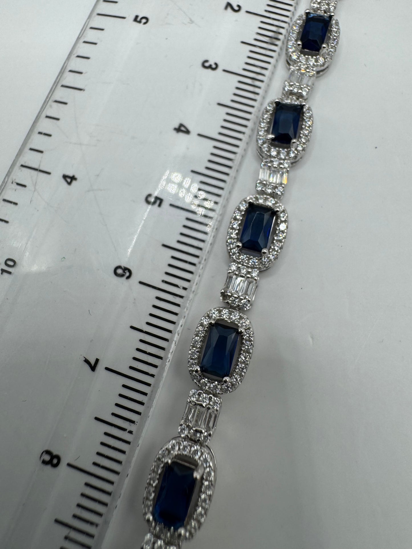 Sterling Silver Stunning Blue and Clear CZ Tennis Bracelet 7.5 Inch (0439)