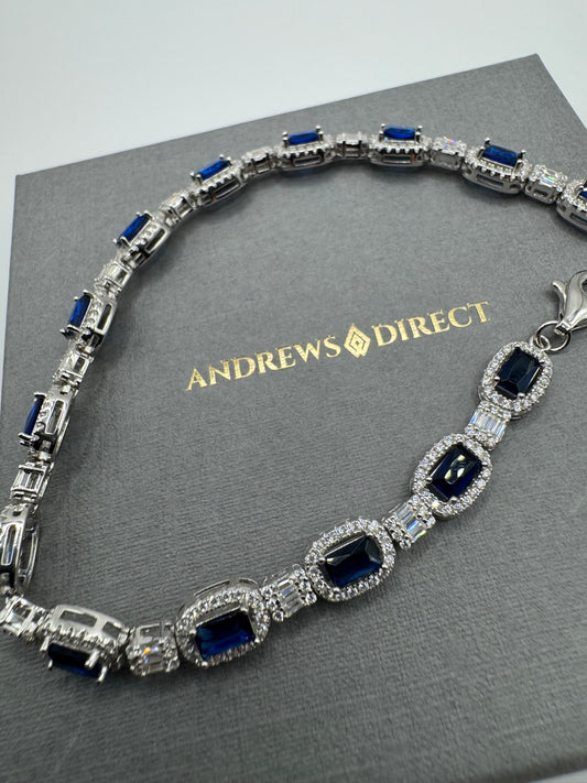 Sterling Silver Stunning Blue and Clear CZ Tennis Bracelet 7.5 Inch (0439)