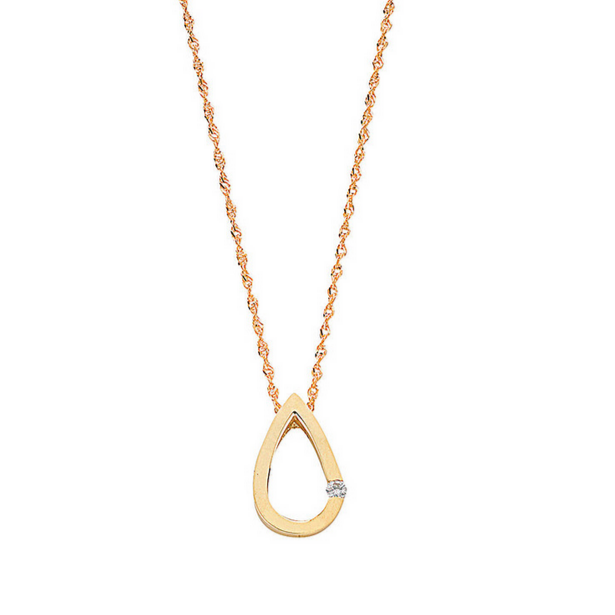 9ct Yellow Gold Diamond Drop Shaped Pendant on 18 Inch Chain Necklace (0008)
