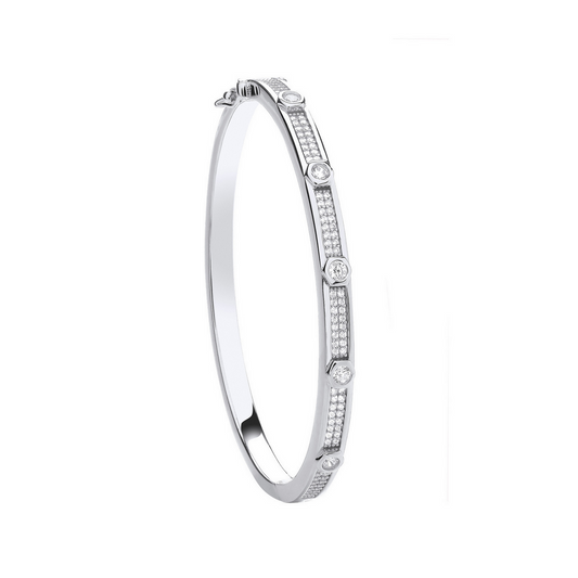 Sterling Silver Round Zirconias Set Hex Detail Ladies Bangle