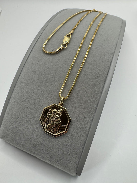 9ct Yellow Gold Solid Octagonal St Christopher on 18 Inch Chain Necklace (GCHR4)