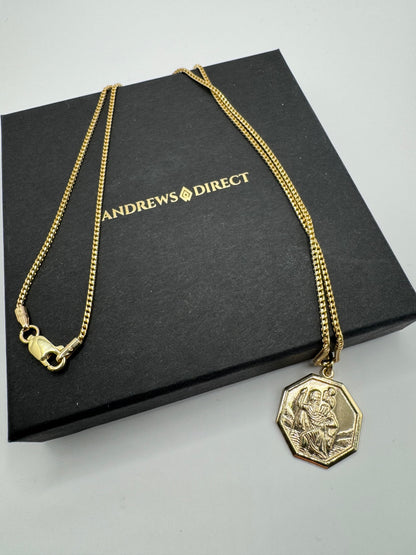 9ct Yellow Gold Solid Octagonal St Christopher on 18 Inch Chain Necklace (GCHR4)
