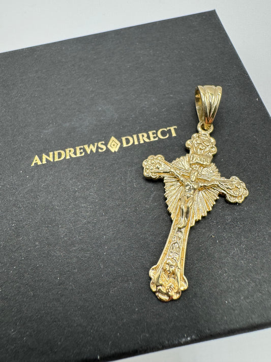 9ct Yellow Gold 49x25mm Solid Crucifix Sunburst Pendant (0053)