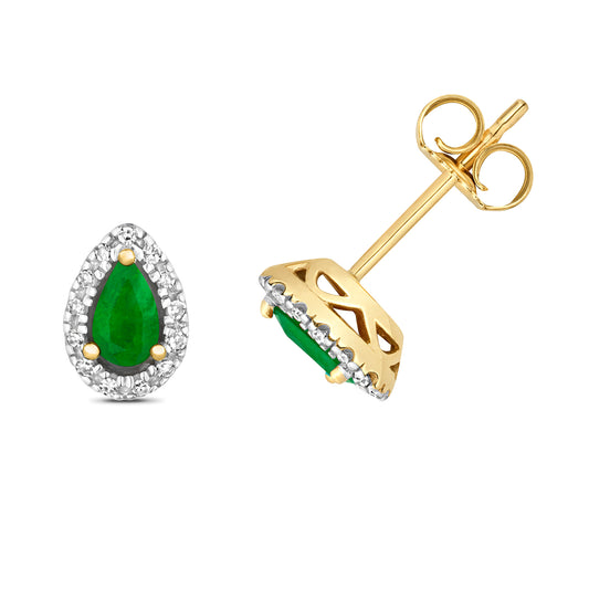 9ct Yellow Gold Emerald and Diamond Teardrop Stud Earrings (265)