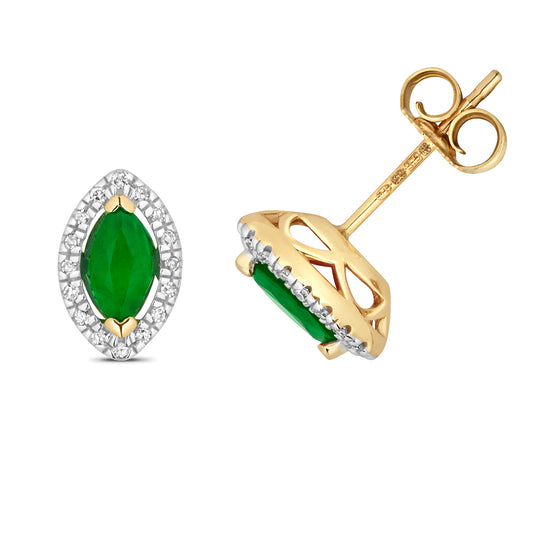 9ct Yellow Gold Emerald and Diamond Marquie Stud Earrings (266)