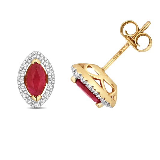 9ct Yellow Gold Ruby and Diamond Marquie Stud Earrings (266)